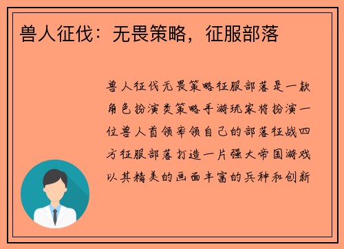 兽人征伐：无畏策略，征服部落