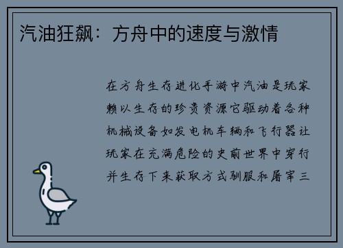 汽油狂飙：方舟中的速度与激情