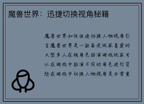 魔兽世界：迅捷切换视角秘籍