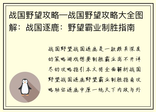 战国野望攻略—战国野望攻略大全图解：战国逐鹿：野望霸业制胜指南